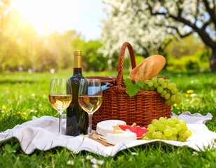 Romantic picnic in a park with a bottle of wine, glasses, cheese, and a basket