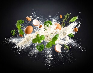 Flying ingredients for baking, including flour, eggs, and herbs on a black background