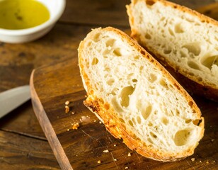 Sliced fresh artisan bread on a wooden cutting board with olive oil