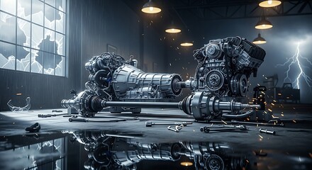 Heavy Duty Automotive Engine and Transmission on a Wet Floor Showcasing Mechanical Power and Engineering Design