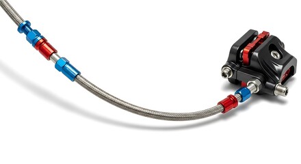 Hydraulic Brake Caliper with Braided Steel Hose for High Performance Automotive Applications in Close Up Detail