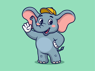 Fototapeta premium Cheerful Elephant Character with Hat Waving – Fun Animal Vector for Kids