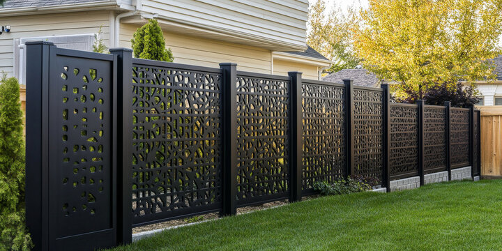 Stylish black metal fence provides privacy and modern aesthetics. Lush green lawn complements the unique contemporary design.