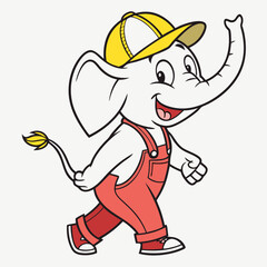 Naklejka premium Friendly Cartoon Elephant in Yellow Cap Waving Hello – Happy Expression, Vector Art