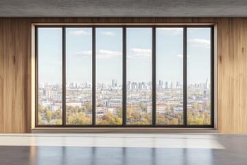 Obraz premium Modern Interior Room with Polished Floor Large Window Wood Walls City Skyline