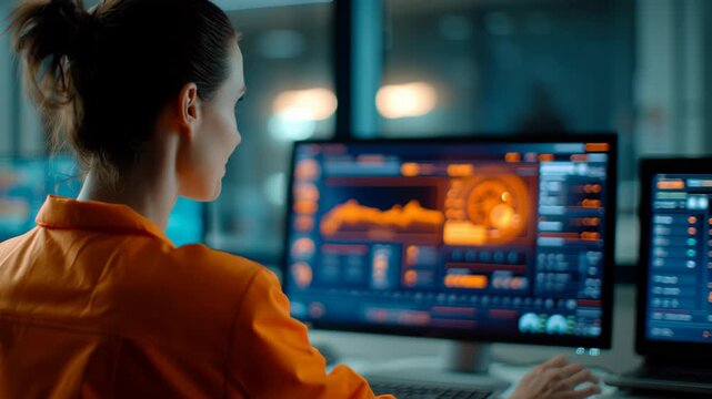 Woman orange shirt working computer data analytics graph digital dashboard control room engineer monitor technology interface