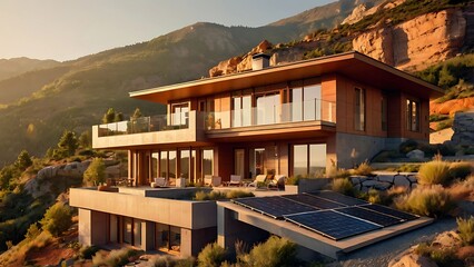 Obraz premium Bold, geometric modern home situated on a rocky slope, glowing in evening light.