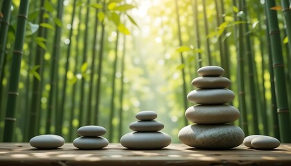 Obraz premium Zen Stone Piles of Varying Heights on a Wooden Surface, with a Serene and Sunny Bamboo Forest in the Blurry Background, Symbolizing Balance, Harmony, Wellness, and Environmental Tranquility