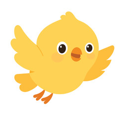 Cute yellow chick flying with wings spread wide, cartoon illustration. Hand Drawn Vector Art.
