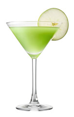 This vibrant green cocktail in a sleek martini glass, garnished with a fresh apple slice, is an isolated transparent PNG.