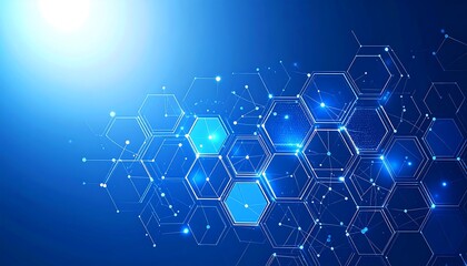 Obraz premium Abstract, blue hexagonal pattern with glowing nodes connected by lines, suggesting network, technology, or scientific concepts.