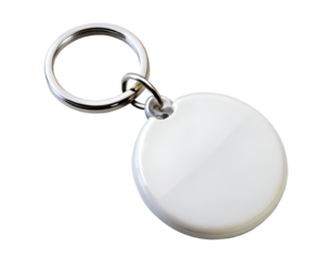 Silver metal keychain ring with round fob, isolated on transparent background