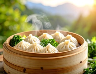 Steaming dumplings in a bamboo steamer, outdoors