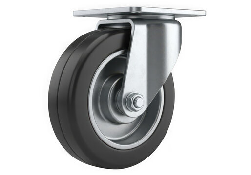 Close up of a black rubber caster wheel with a metal bracket and mount for industrial equipment isolated on transparent background