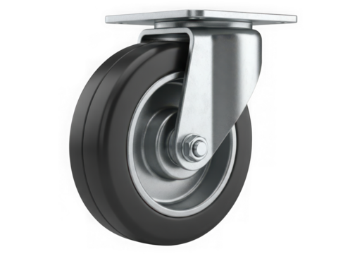 Close up of a black rubber caster wheel with a metal bracket and mount for industrial equipment isolated on transparent background