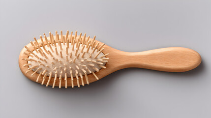 Wooden hair brush with soft bristles on grey background