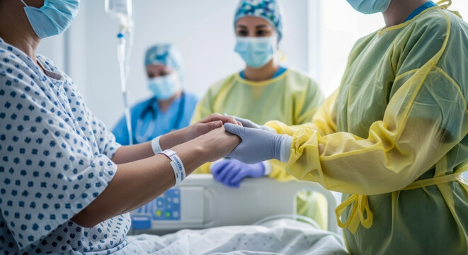 A healthcare professional in protective clothing holds hands with a patient wearing a hospital gown and wristband with another medical worker in the background