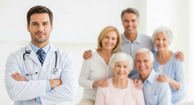 A smiling male doctor in a white lab coat stands with his arms crossed a stethoscope draped around his neck while a happy multi generational family is blurred in the background