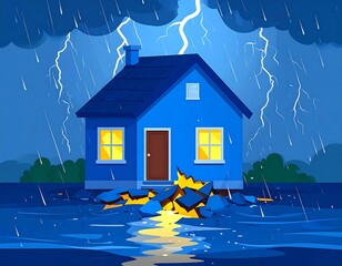 Storm-damaged house in flood