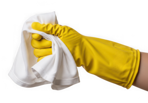 A hand wearing a yellow rubber glove holds a white cleaning cloth ready for wiping and cleaning tasks isolated on transparent background