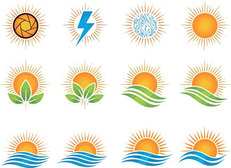 Obraz premium Vector art of set of twelve sun icons with various designs including leaves, waves, and lightning bolt, representing energy and nature, isolated on white background transparent background