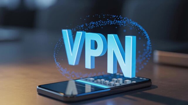 VPN privacy safety smartphone concept. A phone displaying a floating VPN message for security.