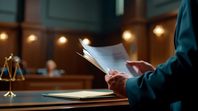 Man holding legal document and paper in courtroom with judge and scale of justice, law concepts in courtroom setting