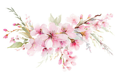 Obraz premium Beautiful watercolor arrangement featuring delicate pink flowers and soft green leaves, creating serene and elegant floral design. Perfect for various decorative uses