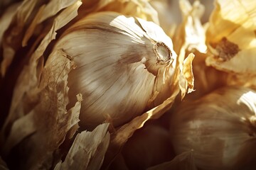 Close up macro view of a dried onion bulb with papery outer layers revealing its textured surface under warm lighting