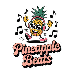 Cartoon pineapple with headphones surrounded by musical notes image tshirt design