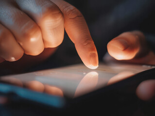 Finger touching a glowing screen of a mobile device in a dimly lit environment close up shot