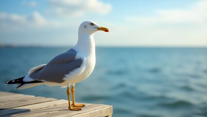 Obraz premium Seagull Standing on Wooden Pier Overlooking the Calm Ocean