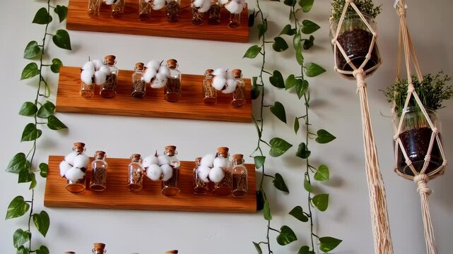 Small glass bottles with cotton and greenery on wooden shelves