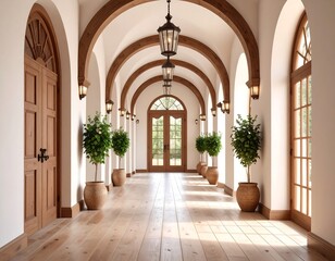 Fototapeta premium Sunlit hallway with arched ceilings, wooden floors, and potted plants