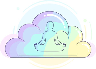 Serene Line Art Figure in Lotus Pose within a Pastel Cloud.
