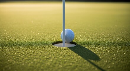 Golf ball about to drop into the hole on a putting green with a flagstick casting a shadow