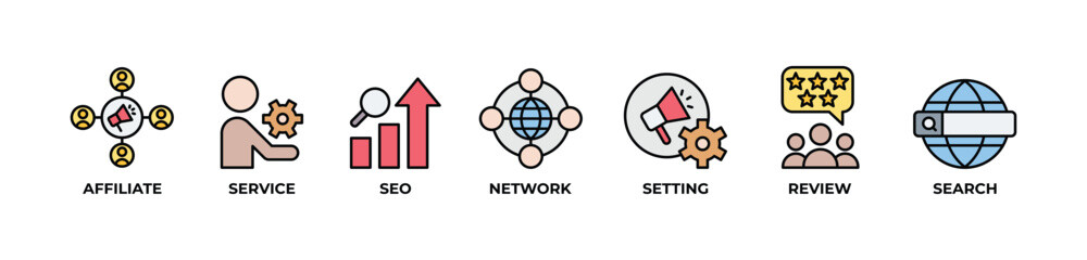 Affiliate Network Solutions Icons set vector illustration color with Affiliate, Service,  Seo, Network, Setting, Review, Search