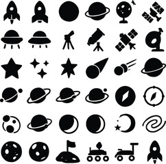 Collection of Black and White Space Icons Representing Astronomy and Exploration