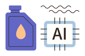 Container with oil drop beside AI microchip. Ideal for technology, energy, industry, automation, innovation, sustainability, renewable concepts. Simple flat metaphor