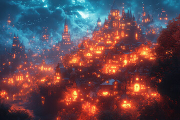 Castle in the sky under a full moon.