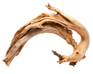 A single piece of gnarled driftwood with a curved shape, isolated on transparent background