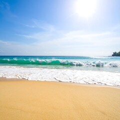 Sunny beach scene with gentle waves lapping golden sand