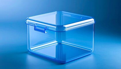 Transparent blue square plastic container with a hinged lid