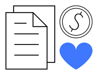 Document with aligned text lines, dollar coin representing finance, and blue heart for care. Ideal for finance management, charity, donations, insurance, contracts, budgeting simple landing page