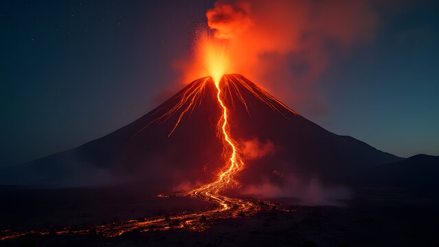 Spectacular Nighttime Volcano Eruption with Flowing Lava and Starry Sky