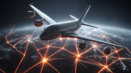 The image depicts an airplane in flight over a world map with network connections illustrated