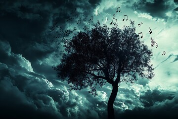 Enchanting silhouette of a tree adorned with musical notes against a moody dramatic sky