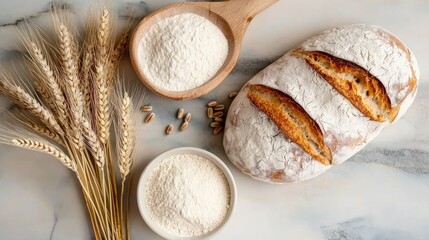 Freshly Baked Bread with Flour and Wheat Ears on Marble Kitchen Surface