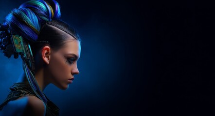 Fototapeta premium The image portrays a woman with cyborg features, including futuristic hair accessories and makeup