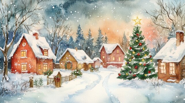 Snowy christmas village scene with decorated tree and cozy houses at twilight